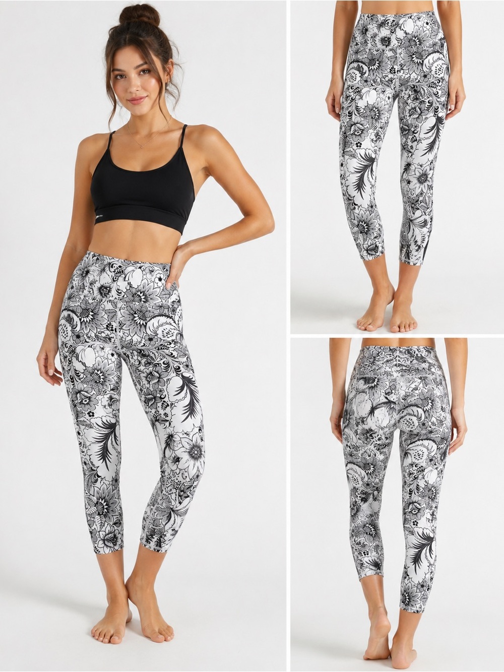Evolution and Creation Women’s Black White Floral Crop Leggings Size M Yoga Gym
